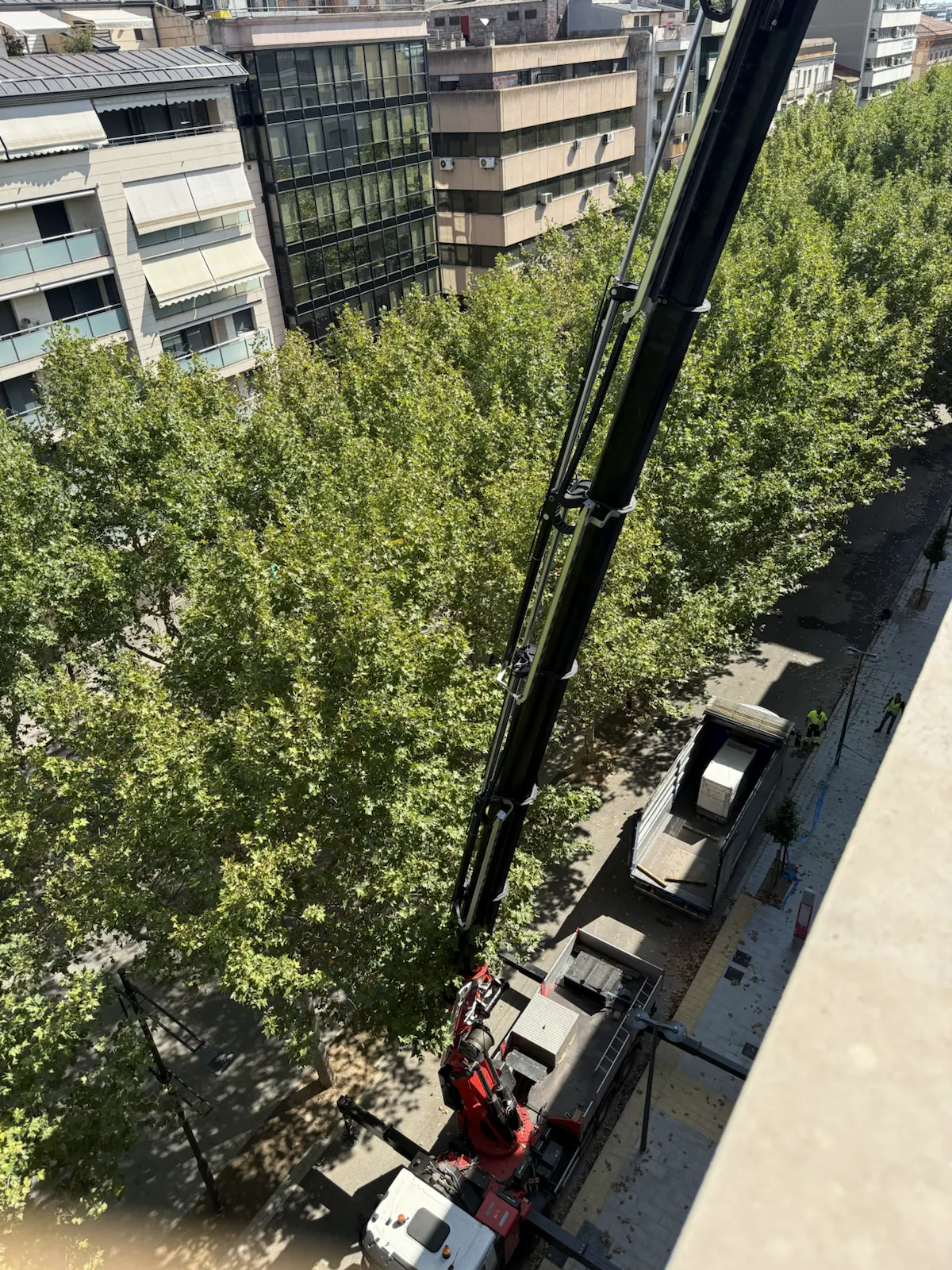 Vista desde la pluma de una grúa sobre una calle arbolada